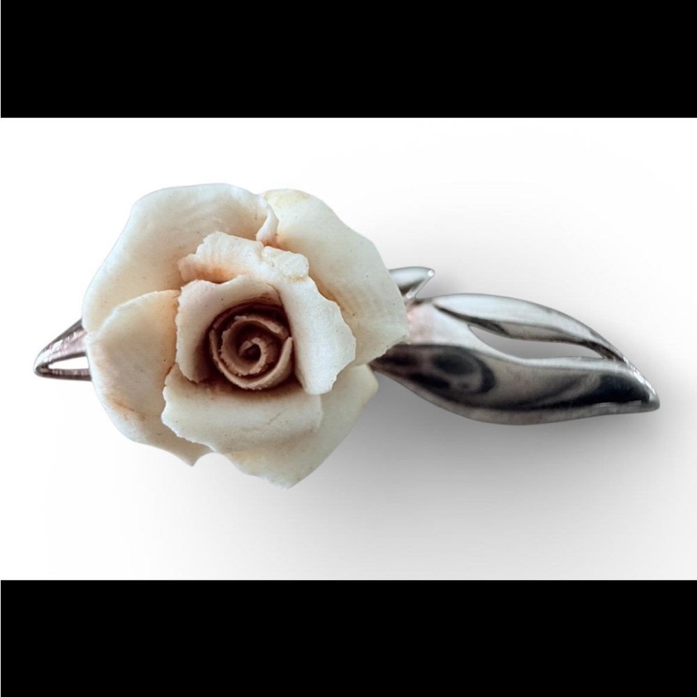 VTG 1960s Rossana 925 Sterling Silver & Porcelain Cream Rose Brooch Pin - Italy